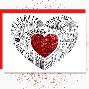90E VERJAARDAGKAART - 90E Red Sparkle Speciale verjaardagskaart voor vrouw, moeder, zus, vriend, ouder. 90e mijlpaalverjaardag