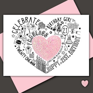 21. GEBURTSTAGSKARTE - 21st Baby Pink Sparkle Glitzer Karte für Tochter, Enkelin, Schwester, Nichte. Besondere Karte für einen 21. Geburtstag.