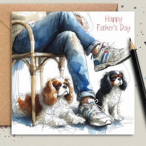 Biglietto per la festa del papà con BLENHEIM e TRI Cavalier King Charles Spaniel, biglietto per il papà del cane, il papà del cane, biglietto per la festa del papà del cane.