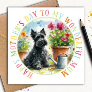 Biglietto per la festa della mamma con il cane Scottish Terrier (giardino) Un biglietto per la festa della mamma con il piccolo cane Scottish Terrier nero, un bel biglietto da regalare alla mamma quest'anno