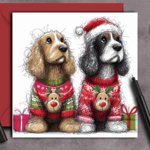 Carte de Noël pour chiens COCKER SPANIEL AMIS (deux chiens) Une carte de Noël pour une maman cocker, un papa de chien, un toiletteur de chien et un promeneur de chien.