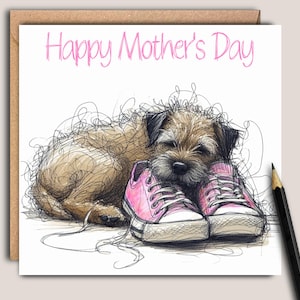 Cartão de Dia das Mães para uma cachorra da raça border terrier (PinkShoes) Um lindo cartão de Dia das Mães para a adorável mamãe da raça border terrier.