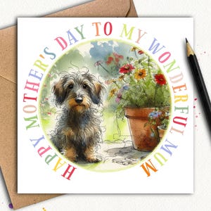 Tarjeta para el Día de la Madre del perro salchicha de pelo duro (jardín) Una tarjeta para el Día de la Madre del pequeño y enérgico perro salchicha, una hermosa tarjeta para mamá este año.