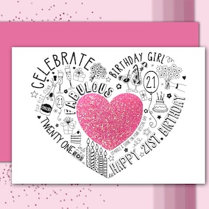 21e ANNIVERSAIRE - 21e carte Sweet Pink Sparkle pour fille, petite-fille, sœur, amie, nièce.   Carte spéciale pour un 21e anniversaire.