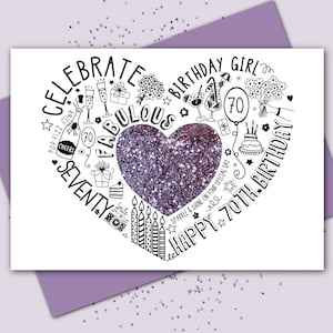 CARTÃO DE ANIVERSÁRIO DE 70º - 70º cartão Lavender Sparkle para esposa, mãe, irmã, amiga, mãe. Cartão brilhante para um aniversário de 70 anos