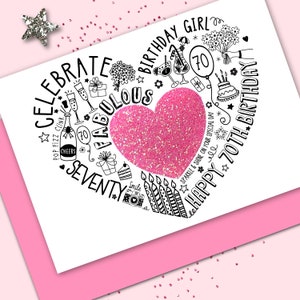 CARTA PER IL 70° COMPLEANNO - 70° biglietto Sweet Pink Sparkle per moglie, mamma, sorella, amica, genitore. Biglietto glitterato per un compleanno importante come il 70°.