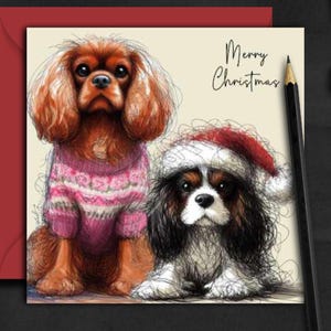 Carte de Noël amis chiens épagneul CAVALIER KING CHARLES. Une carte de Noël pour une maman, un papa, un toiletteur ou un promeneur de chien King Charles.