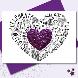 CARTÃO DE MENINA DE 40 ANIVERSÁRIO - Cartão brilhante de aniversário de 40 anos roxo para esposa, mãe, irmã, amiga, filha. Cartão brilhante para um aniversário marcante