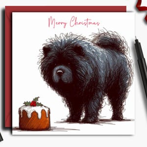 CHOW CHOW (NERO) Biglietto di Natale con una torta di Natale. Un biglietto di Natale per ogni proprietario, papà di cane, mamma di cane, nonno, toelettatore o dog walker