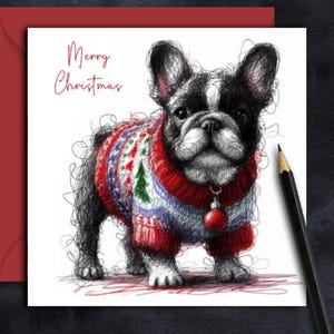 ZWARTE FRANSE BULDOG-kerstkaart. (trui) Een kaart voor elke zwarte Frenchie-eigenaar, hondenouder, moeder, vader, familie, vriend of hondentrimster