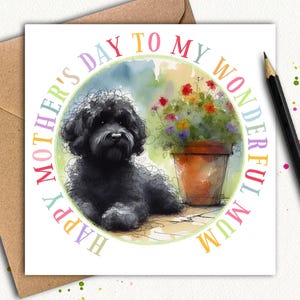 Cartão de Dia das Mães do cão POOCHON/COCKAPOO (Jardim) Um cartão de Dia das Mães do pequeno cão preto, um lindo cartão para a mãe este ano