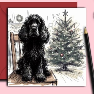 BLACK COCKER SPANIEL Dog Christmas Card.(chair) A Christmas card for a black cocker spaniel mum, dog dad, friend, dog walker or dog groomer