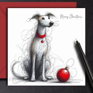 Carte de Noël pour chien whippet. (boule) Une carte de Noël pour un propriétaire de whippet, un parent de chien, une maman, un papa, un grand-parent, une famille, un ami ou un promeneur de chien