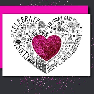 CARTÃO DE ANIVERSÁRIO DE 60 ANOS - Cartão 60º Shocking Pink Sparkle para esposa, mãe, irmã, amiga, filha. Cartão brilhante para um aniversário marcante