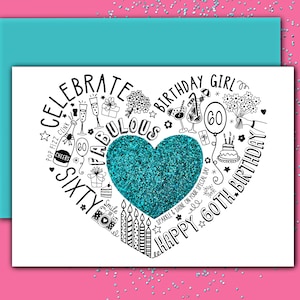 CARTÃO DE 60º ANIVERSÁRIO – 60º Cartão Turquesa Sparkle para esposa, mãe, irmã, amiga, filha. Cartão brilhante para um aniversário marcante