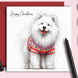 Carte de Noël SAMOYED DOG. Pull de Noël. Une carte de Noël pour chaque propriétaire de chien Samoyède blanc duveteux, parent de chien, famille, ami ou toiletteur de chien