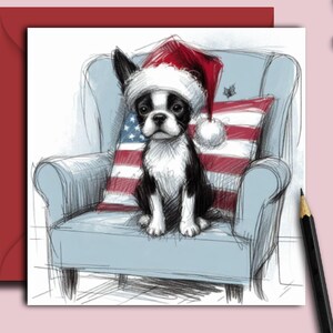 Een BOSTON TERRIER HONDENkerstkaart, (BigChair) een kaart voor elk baasje, hondenouder, grootouder, hondentrimmer of vriend(in)