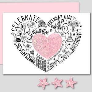 CARTÃO DE ANIVERSÁRIO DE 70º - 70º cartão rosa pálido Sparkle para esposa, mãe, irmã, amiga, mãe. Cartão brilhante para um aniversário de 70 anos