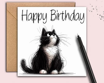 BLACK & WHITE CAT Birthday Card; A black cat card to send to the crazy cat lady, cat dad, mum,  grandparent, friend, colleague or neighbour