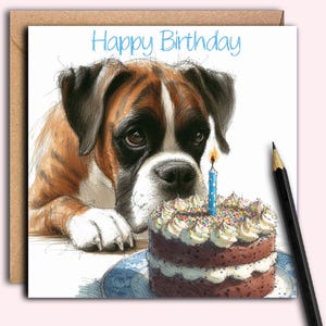 Biglietto di auguri di compleanno per cane Boxer (torta) Un fantastico biglietto di auguri di buon compleanno a forma di Boxer per la mamma, il papà, il proprietario o il dog walker di questi woofer incredibilmente vivaci.