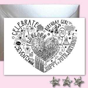 CARTÃO DE ANIVERSÁRIO DE 70º – 70º cartão Silver Sparkle para esposa, mãe, irmã, amiga, mãe. Cartão brilhante para um aniversário de 70 anos