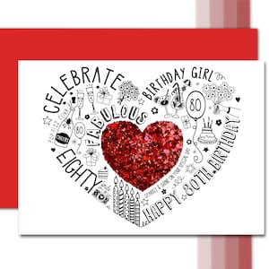 80E VERJAARDAGKAART - 80E Red Sparkle Speciale verjaardagskaart voor moeder, vrouw, zus, vriend, tante. 80e mijlpaalverjaardag