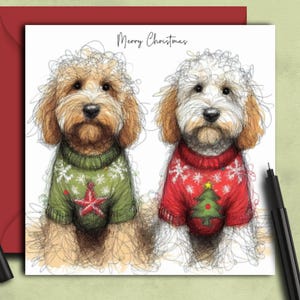 FRIENDS COCKAPOO DOGS kerstkaart (twee truien). Een geweldige kaart om te sturen naar een cockapoo-ouder, moeder, vader, vriend, hondenuitlater of hondentrimmer