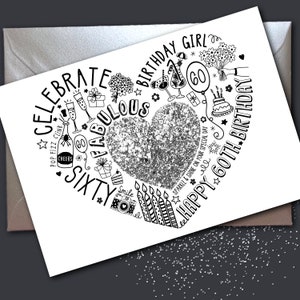 CARTÃO DE 60º ANIVERSÁRIO – 60º cartão Silver Sparkle para esposa, mãe, irmã, amiga, filha. Cartão brilhante para um aniversário marcante