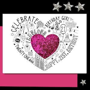 Carte d'anniversaire 21e – 21e carte à paillettes rose vif pour fille, petite-fille, sœur, nièce. Carte spéciale pour un 21e anniversaire.