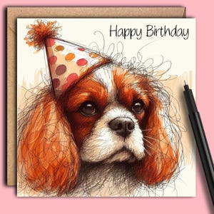 Biglietto di auguri di compleanno per cane CAVALIER KING CHARLES Spaniel (Partyhat) Un biglietto di auguri di compleanno per una mamma, un papà o un amico cane o un biglietto perfetto dal cane
