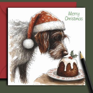 May include: Festive Christmas card illustration of a dog in a Santa hat, examining a Christmas pudding. The card includes the text "Merry Christmas". A red envelope and pencil are also visible.