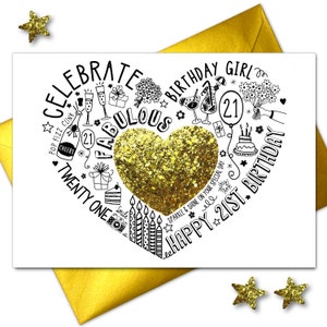 Carte d'anniversaire 21e – 21e carte à paillettes dorées pour fille, petite-fille, sœur, amie, nièce. Carte spéciale pour un 21e anniversaire.