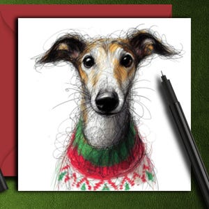Biglietto di Natale per un cane levriero (ritratto). Un biglietto di Natale per un proprietario di levriero, un genitore di cane, una mamma, un papà, un nonno, un amico o un dog walker.