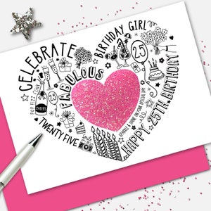 Biglietto di auguri per il 25° compleanno – Biglietto rosa dolce e scintillante per una figlia, sorella, amica, figlia o nipote. Biglietto glitterato per un compleanno importante