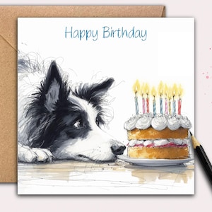 Puede incluir: Tarjeta de felicitación de cumpleaños con un perro blanco y negro mirando un pastel con velas encendidas. Las palabras "Happy Birthday" están escritas en azul. La tarjeta se presenta con un sobre marrón.