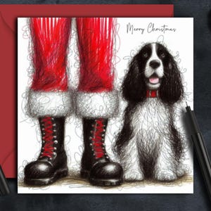Carte de Noël noire et blanche SPRINGER SPANIEL DOG. Une carte de Noël pour une maman épagneul springer, un papa chien, des grands-parents, de la famille ou un ami