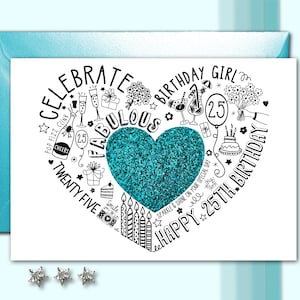 25E VERJAARDAGKAART - 25E Turquoise Sparkle-kaart voor vrouw, moeder, zus, vriendin, dochter.   Glitterkaart voor een mijlpaalverjaardag