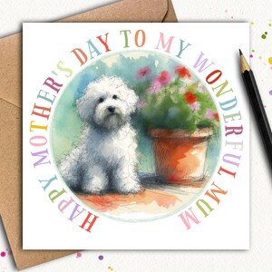 BICHON FRISE Biglietto per la festa della mamma del cane (giardino) Un biglietto per la festa della mamma del piccolo Bichon Frise, un biglietto da regalare a una mamma di un cane Bichon quest'anno