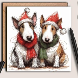BULLTERRIER FREUNDE Weihnachtskarte, eine Karte für jeden Besitzer, Hundeelternteil, Großelternteil, Familienmitglied dieser treuen Hunderasse.