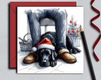 Puede incluir: Ilustración de tarjeta de Navidad de un labrador negro con un gorro de Papá Noel, acostado entre las piernas de una persona. Un pequeño árbol de Navidad con adornos rojos está en el fondo. La tarjeta está en un sobre rojo.