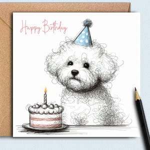Um cartão de aniversário para um cachorro Bichon Frise (bolo de aniversário) Um cartão de aniversário para cada dono, mãe de cachorro, pai de cachorro ou avô desses lindos Bichons