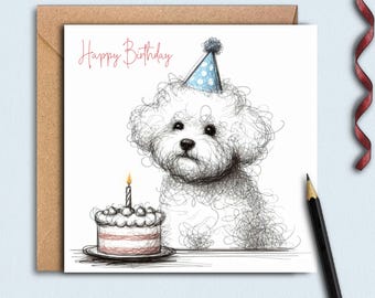 May include: A white dog with a blue and white party hat sits in front of a pink and white birthday cake with a lit candle. The card says "Happy Birthday".