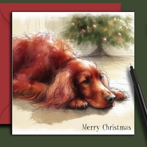 May include: A Christmas card featuring a watercolor illustration of a red-haired dog lying down, with a Christmas tree in the background. The words "Merry Christmas" are printed at the bottom.