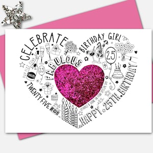 Biglietto di auguri per il 25esimo compleanno: il biglietto rosa brillante glitterato per il 25esimo compleanno è per una figlia, sorella, amica, figlia o nipote. Compleanno fondamentale