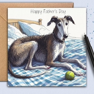 GREYHOUND WHIPPET HOND Vaderdagkaart. (DogonBed) Een vaderdagkaart van een windhond om naar de grote hond te sturen: vader, vader, zoon of opa