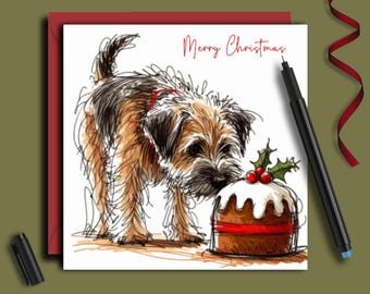 Könnte beinhalten: Weihnachtskarte mit einer Skizze eines Hundes und eines Weihnachtspuddings. Der Schriftzug "Merry Christmas" ist in roter Schrift gehalten. Ein schwarzer Stift und ein rotes Band sind ebenfalls zu sehen.