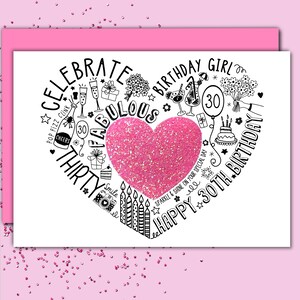 CARTÃO DE 30º ANIVERSÁRIO - Cartão brilhante de 30º aniversário rosa doce para esposa, mãe, irmã, amiga, filha. Cartão brilhante para um aniversário marcante