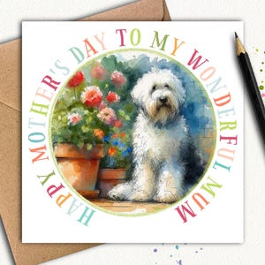 Cartão de Dia das Mães OLD ENGLISH SHEEPDOG (Jardim) Um cartão de Dia das Mães de um lindo Old English Sheepdog, um lindo cartão para dar à mamãe este ano