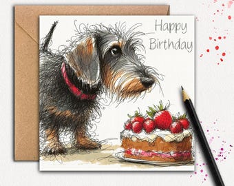 May include: A birthday card featuring a sketched dachshund dog with a red collar, looking at a strawberry cake. The words "Happy Birthday" are written above the dog. A pencil rests on the right side of the card. The card is inside a brown envelope.