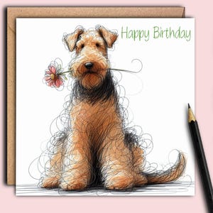 AIREDALE DOG-verjaardagskaart, (bloem).  Verjaardagskaart voor de hondenmama, de Airedale-eigenaar of het familielid dat van deze prachtige honden houdt.